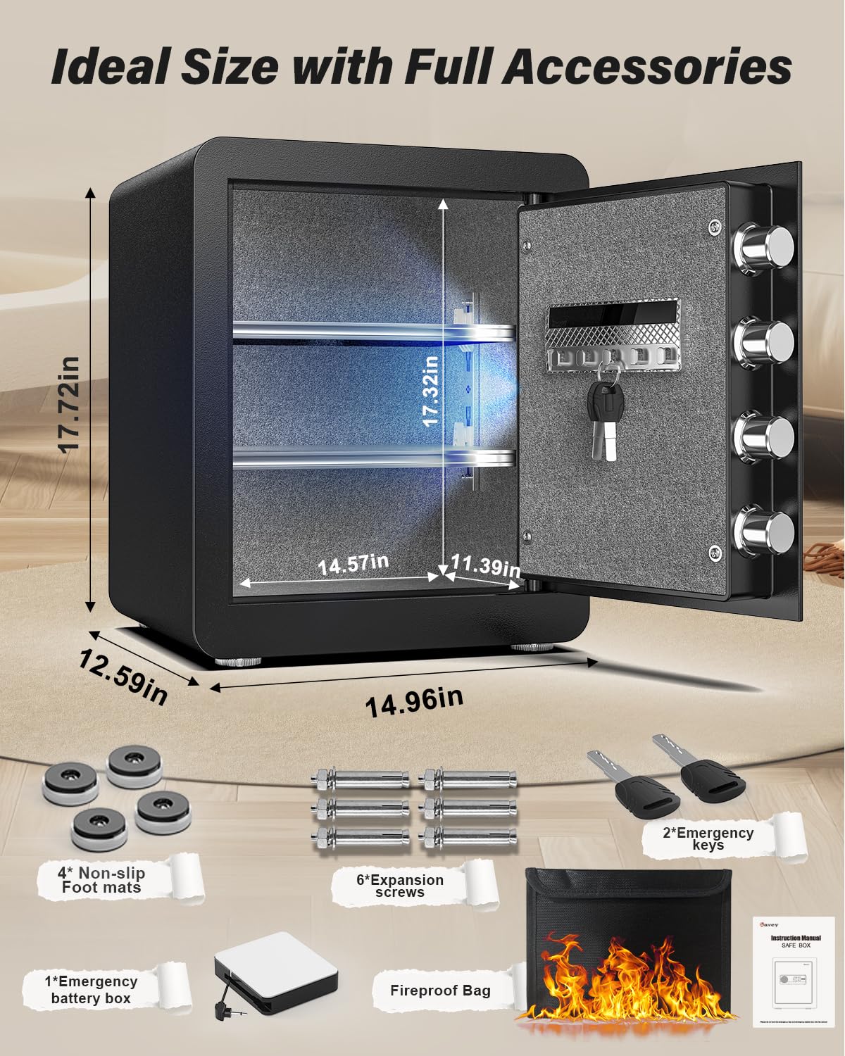 Kavey 2.0 Cubic Feet Biometric Safe Box with Fireproof Waterproof Bag, Fingerprint Home Security Safe with Touchscreen Keypad, Dual Alarm, Mute Mode, LED Light and 2 Adjustable Shelves for Home Office