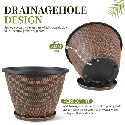 16 inch Plant Pots, Large Planters for Outdoor Plants Set of 4, Round Plastic Flower Pots with Drainage Holes & Trays, Modern Decorative Indoor Garden Pot, Plant Container for House (Black Copper)