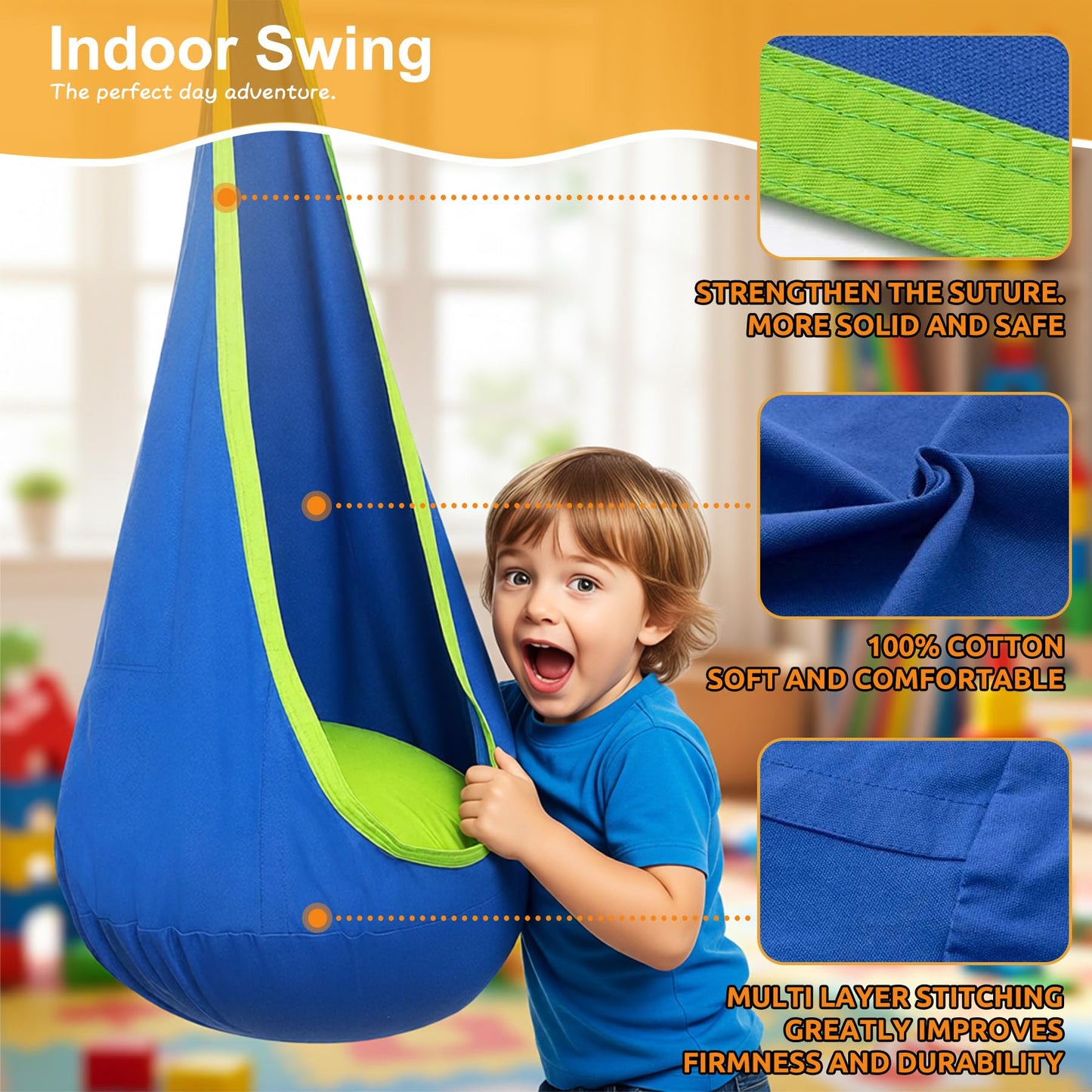SMkidsport Heavy Duty Sensory Swing Frame for Kids - Indoor Outdoor Metal Stand with Cotton Pod Swing - 200LBS Capacity Blue Therapy Swing for Autism, ADHD, Special Needs - Easy Install ﻿