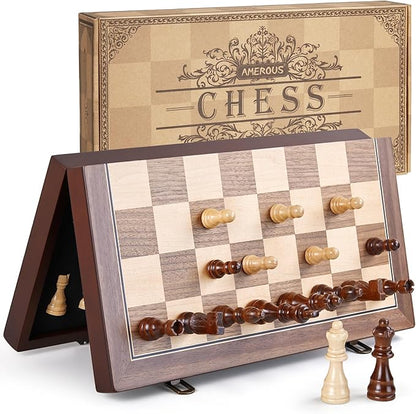 AMEROUS 15'' Magnetic Wooden Chess Set for Adults Kids - with Folding Board Gift Package Pieces Storage Slots Handmade PiecesChess Board Game Set for Tournament Professional Beginner