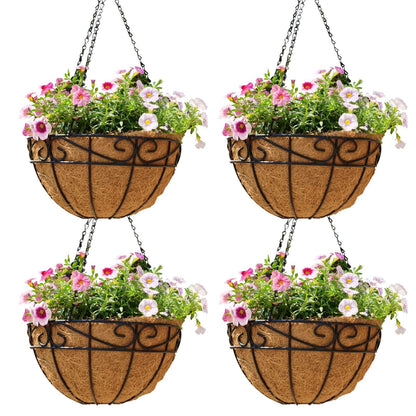 EIMQUVW Outdoor Metal Hanging Planters Basket (4pack, 14 inch) Hanging Baskets for Plants Chain Round Wire Plant Holder with Coco Fiber Liners for Garden, Patio, Deck, Porch(Flower Border)