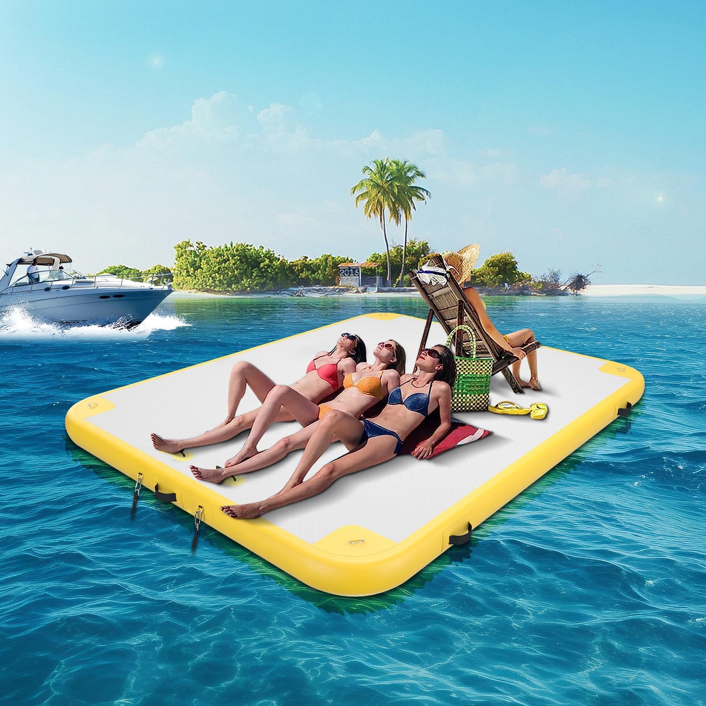 Inflatable Lake Float for Adults, GONFLABLE 12ft Air Floating Dock Platform-Raft for Pool & Beach (Yellow, 6x12 FT)