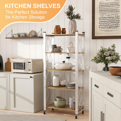 Yuanjimi 5-Tier Foldable Storage Shelves with Wheels, Folding Metal Shelf Unit, Folding Bookshelf no Assembly, Collapsible Shelves for Craft Shows for Kitchen, Bedroom, Living Room, Natural