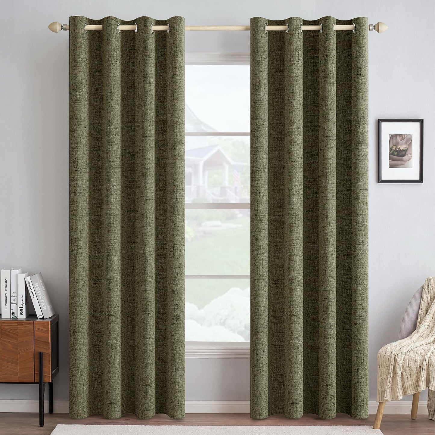 MIULEE Blackout Curtains - 100% Thermal Insulated Linen Texture | Light Olive Green, 52x84 Inch (2 Panels)