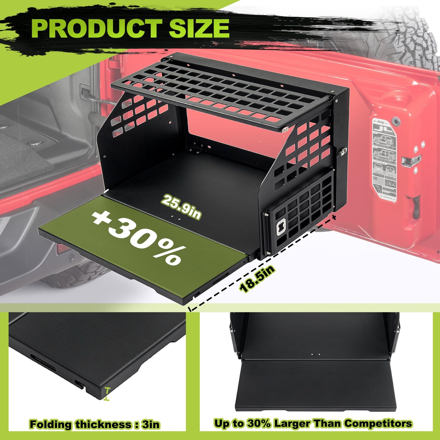 Turmaul Tailgate Table w/Molle Panel Compatible with Jeep Wrangler 2007-2017 JK JKU 2018-2023 JL JLU 2/4 Door Rear Door Foldable Cargo Shelf Storage Rack Camping Travel Cooking Outdoor Accessories