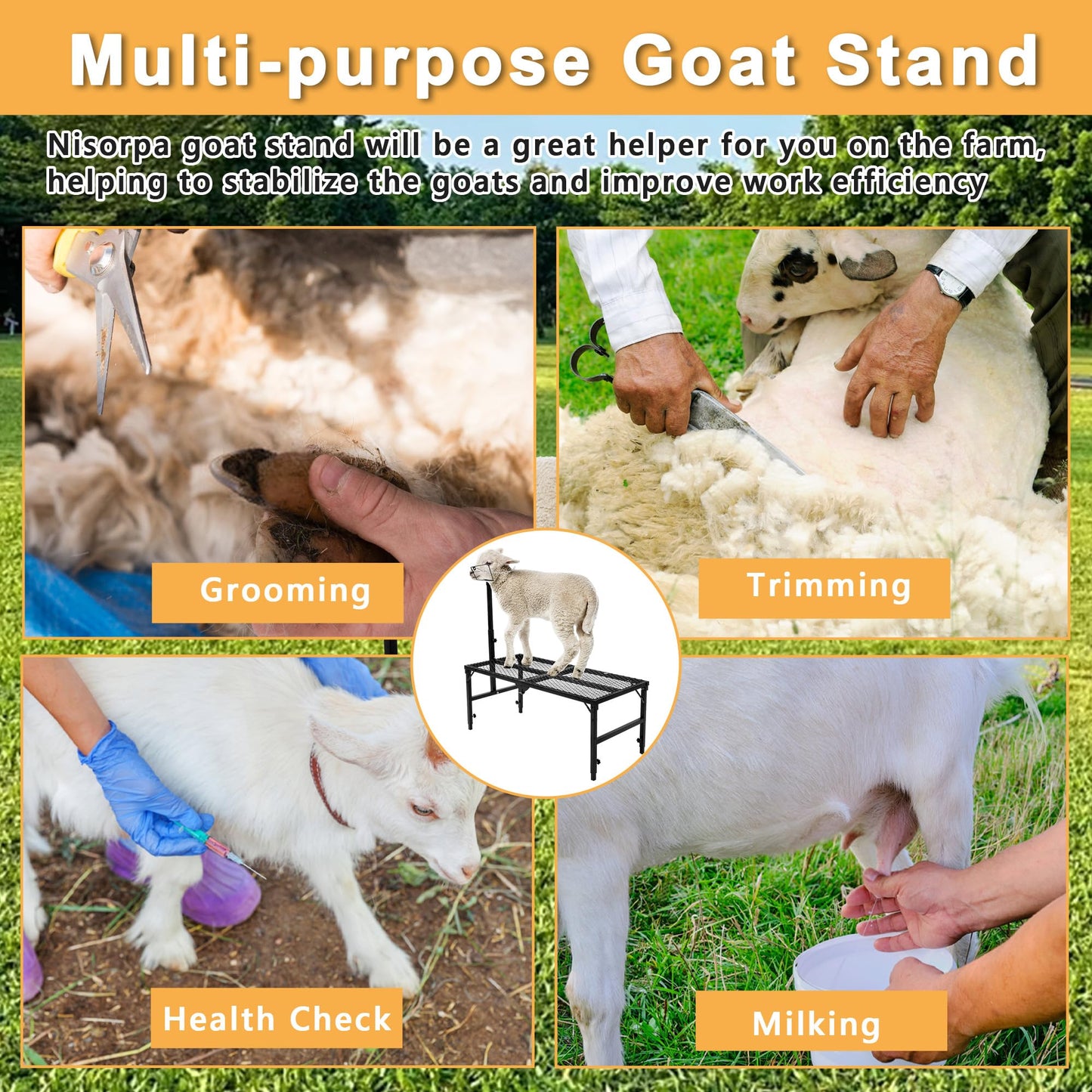 Nisorpa Goat Stand 51x23 Inch, Height Adjustable Sheep Stand for Shearing Trimming Milking, Max Load Capacity 550 LBS
