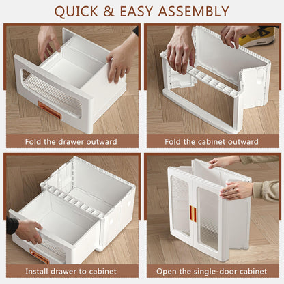 VECELO 226QT Stackable Storage Bins with Lids, Large Collapsible Storage Bins with Drawer and Movable Wheels, Adjustable Shelves, Anti-Tip, for Living Room, Bedroom, Kitchen, White