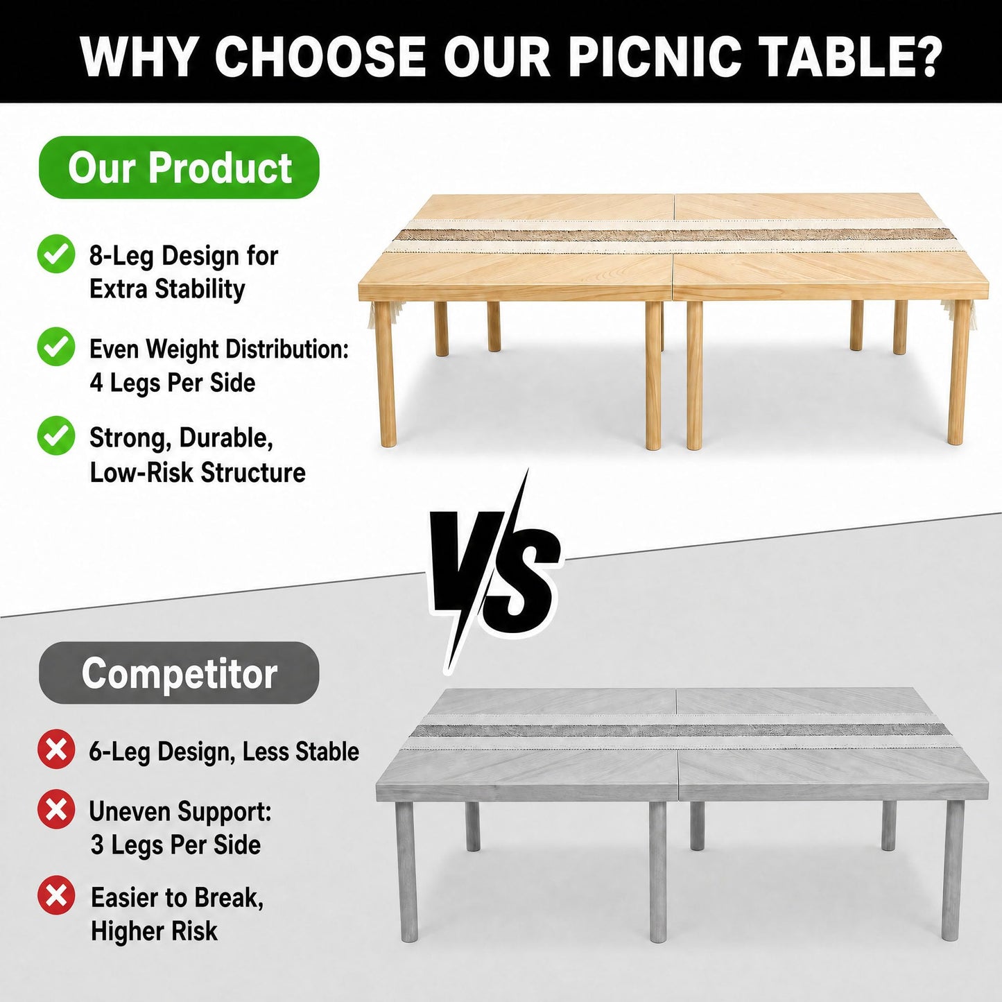 Tademis 60" x 30" Folding Picnic Table with Table Runner,Upgraded 8-Legs, Extra Stable Boho Low Wood Table, Portable Large Picnic Table for Floor Seating, Adjustable Height for Beach, Wedding, Party
