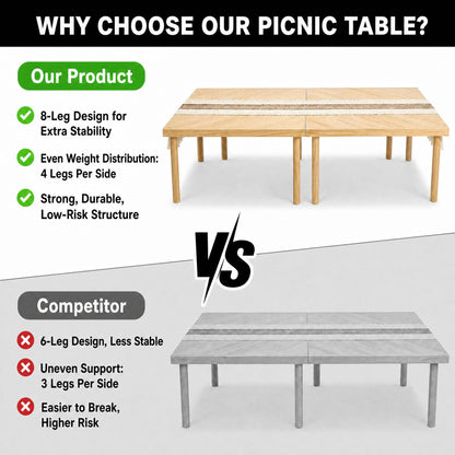 Tademis 60" x 30" Folding Picnic Table with Table Runner,Upgraded 8-Legs, Extra Stable Boho Low Wood Table, Portable Large Picnic Table for Floor Seating, Adjustable Height for Beach, Wedding, Party
