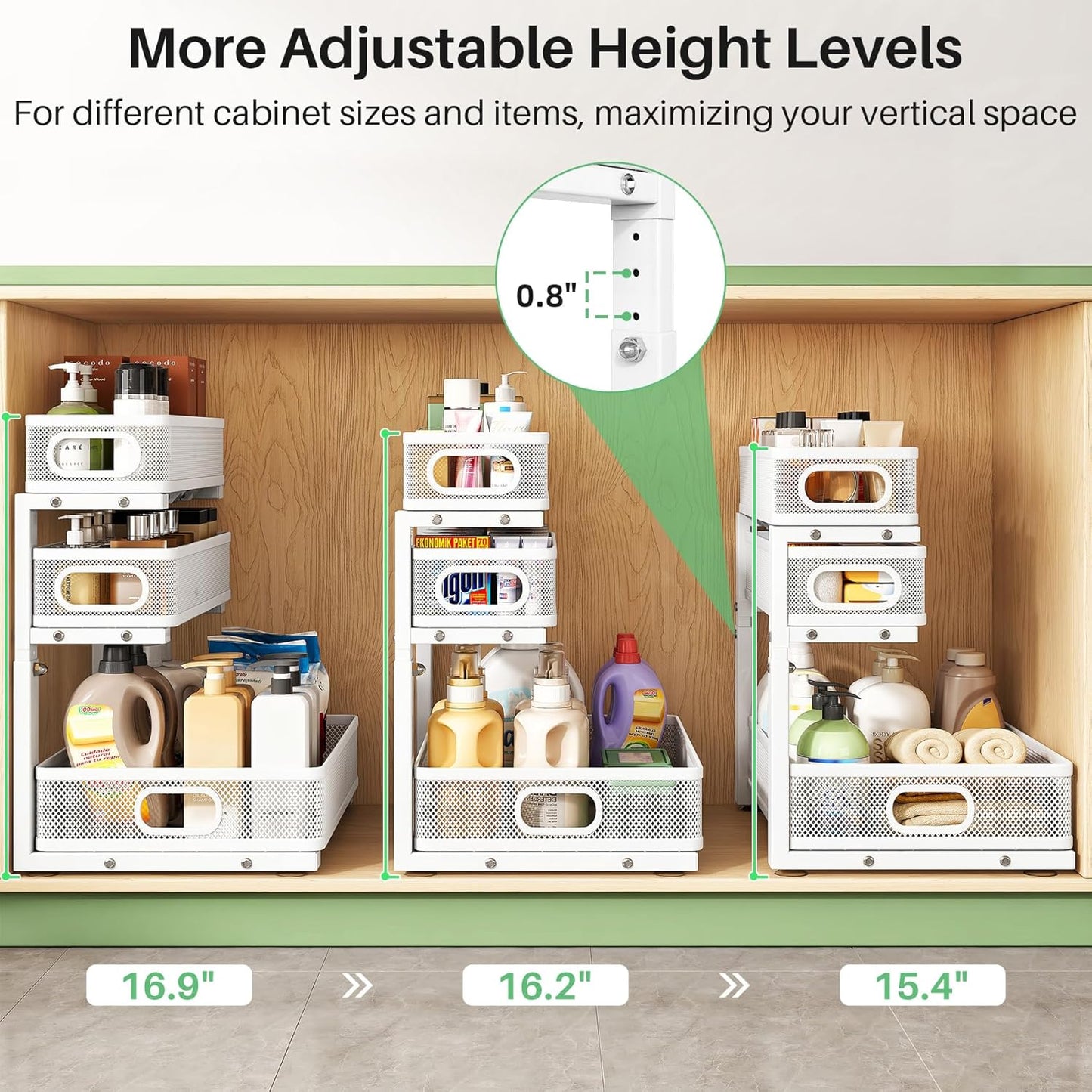 Kitstorack Under Sink Organizer - 2-Pack Adjustable Metal Cabinet Shelf | Slide-Out Storage for Kitchen & Bathroom
