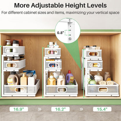 Kitstorack Under Sink Organizer - 2-Pack Adjustable Metal Cabinet Shelf | Slide-Out Storage for Kitchen & Bathroom