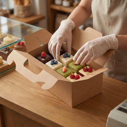 Restaurantware-Bio Tek 10.2 x 5.9 x 6.9 Inch Treat Boxes With Handles, 100 Rectangle Gable Boxes - With Secure Tab, Grease-Resistant, Kraft Paper Cardboard Boxes, Recyclable