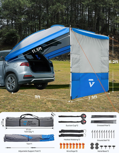 JOYTUTUS Versatile Vehicle Awning with 3 Removable Sides, Large Car Awning 11.5FT * 7.9FT, UV50+ and Waterproof PU2000mm Truck Canopy, SUV Camping Sunshade with 8 Storage Pockets, Gray Blue