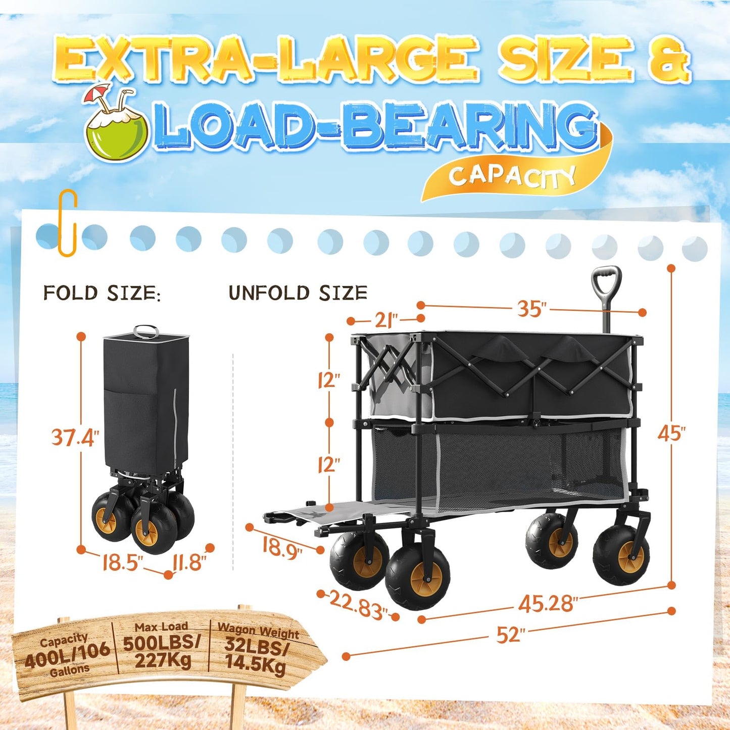 𝐔𝐩𝐠𝐫𝐚𝐝𝐞 Beach Wagon with Big Wheels for Sand, Double-Decker, 9" PVC All-Terrain Wheel, 500 lb Load Capacity, Oversized 400L, for Beach, Camping, Garden & Outdoor Sports (Black)