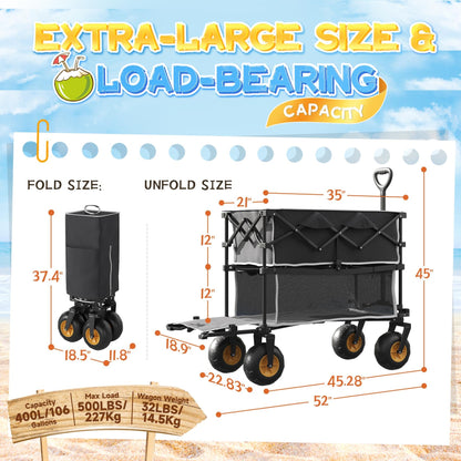 𝐔𝐩𝐠𝐫𝐚𝐝𝐞 Beach Wagon with Big Wheels for Sand, Double-Decker, 9" PVC All-Terrain Wheel, 500 lb Load Capacity, Oversized 400L, for Beach, Camping, Garden & Outdoor Sports (Black)