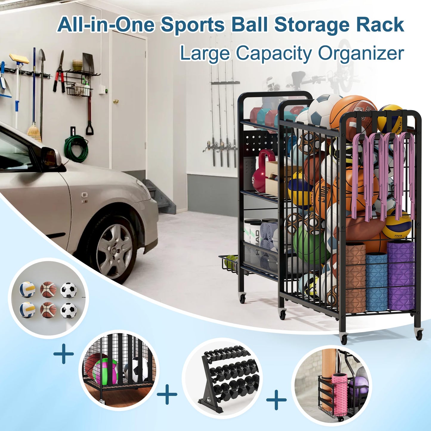 DUDUXI Sports Equipment Garage Organizer,Garage Ball Storage Rack for Sports with Wheels-Upgraded 3 Layers Organizer Rack Outdoor Basketball Racks for Balls with Holder and Hooks (Deep Black)