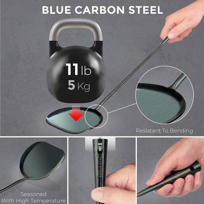 YOSUKATA Carbon Steel Flat Bottom Wok Pan - 13.5" + Wok Lid 12.8 Inch - Cover with Tempered Glass Insert Steam Holes + Blue Carbon Steel 17-inch Spatula, Ladle, 3 pairs Chopsticks