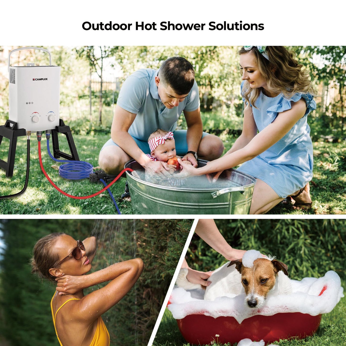 CAMPLUX Outdoor Portable Propane Caming Water Heater 1.32 GPM with Pump Pack Kits, Freestanding Stand & Carry Bag, AY132Max, White