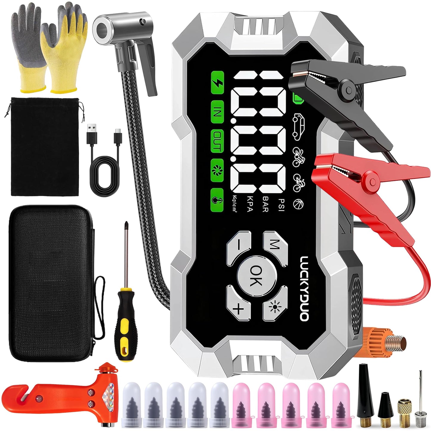 Car Battery Jump Starter - 8000A, Car Jump Starter Booster with 160PSI Compressor, Emergency Starter for All Petrol and Diesel Vehicles up to 12 litres max, Equipped with Outdoor Emergency kit
