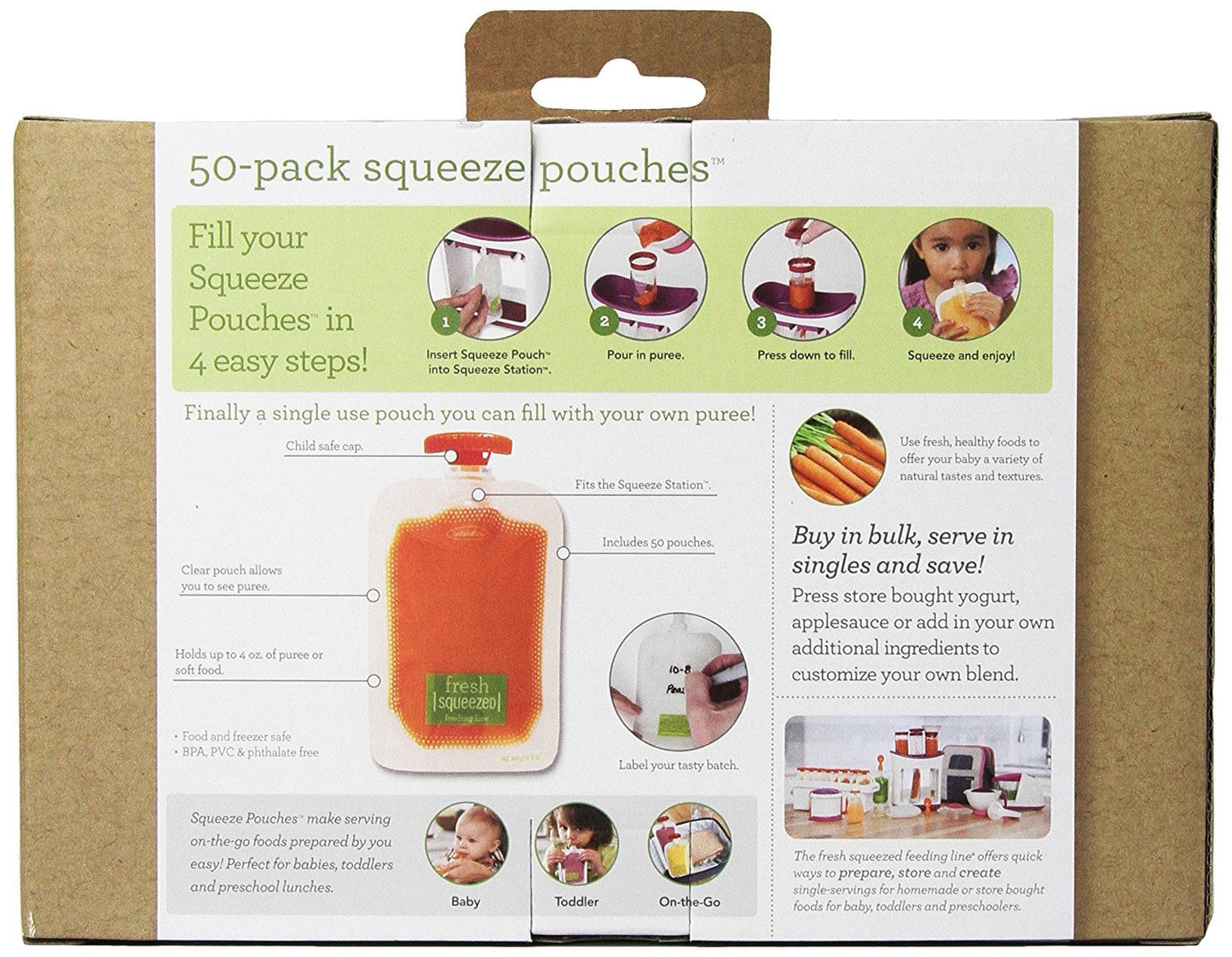 Infantino Disposable Squeeze Pouches, Portable Homemade Semi-Solid Food for Babies and Toddlers, 4 Fl Oz (Pack of 50)