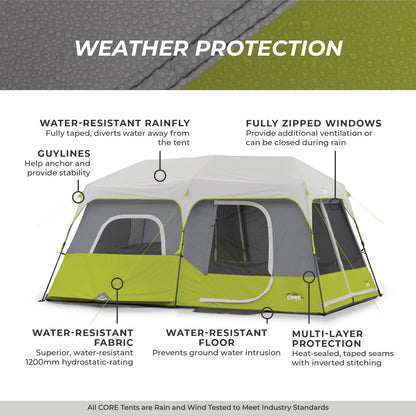CORE 9 Person Instant Cabin Tent | Large Multi Room Family Pop Up Tent for 2 Minute Camp Setup | Included Storage Pockets for Camping Accessories
