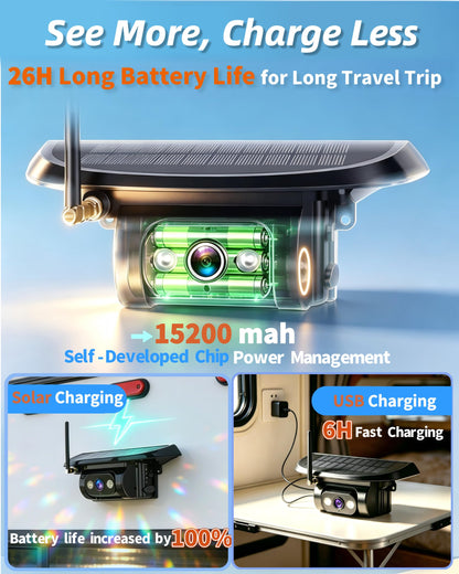 HD 1080P Dual Wireless Backup Camera: 1-Second Magnetic Easy Install RV Backup Camera with 7-inch Split-Screen DVR Monitor - 15200mAh Solar Battery, Up to 3-Day Trip for RV Camping & Travel Trailers