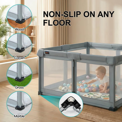 Foldable Playpen with Detachable Thicken Mat,59x71 Inches Portable Playpen,Collapsible Play Pen for Babies and Toddlers,Indoor & Outdoor Baby Fence Play Area,Cold Gray