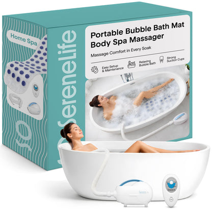 Portable Spa Bubble Bath Massager - Thermal Spa Waterproof Non-slip Mat with Suction Cup Bottom, Motorized Air Pump & Adjustable Bubble Settings - Remote Control Included - Serenelife PHSPAMT22