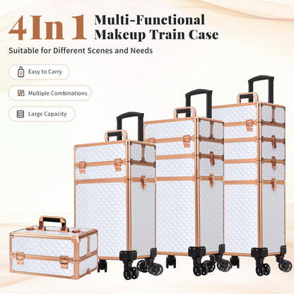 AROUS Rolling Makeup Train Case 4 in 1 Cosmetology Case on Wheels Large Storage Cosmetic Trolley with Key Salon Barber Case Traveling Cart Trunk,White