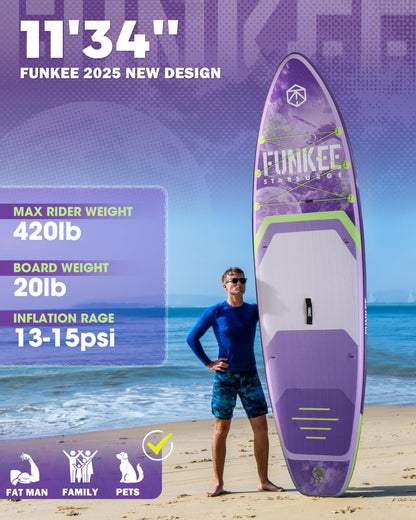 FUNKEE 11’×34"×6" Extra Wide Inflatable Stand Up Paddle Board, Sup Board with Removable Fins, Backpack, Floating Paddle, Safety Leash, Floating Phone Case for Adults & Youth of All Skill Levels