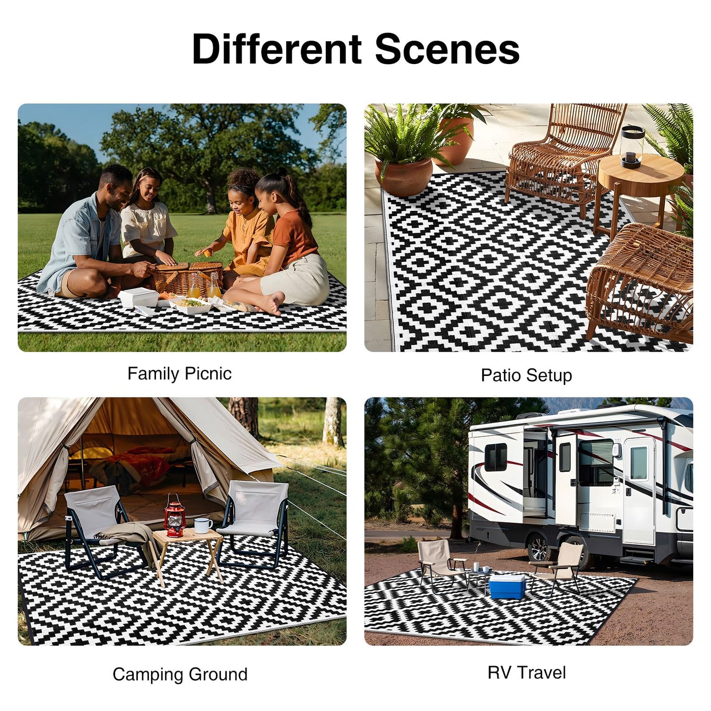 OLANLY Waterproof Outdoor Rug 9x18 ft, Outdoor Plastic Straw Rug for Camping, RV Mat Outside, Indoor Outdoor Carpet for Porch, Deck, Backyard, Balcony, Picnic, Black & White