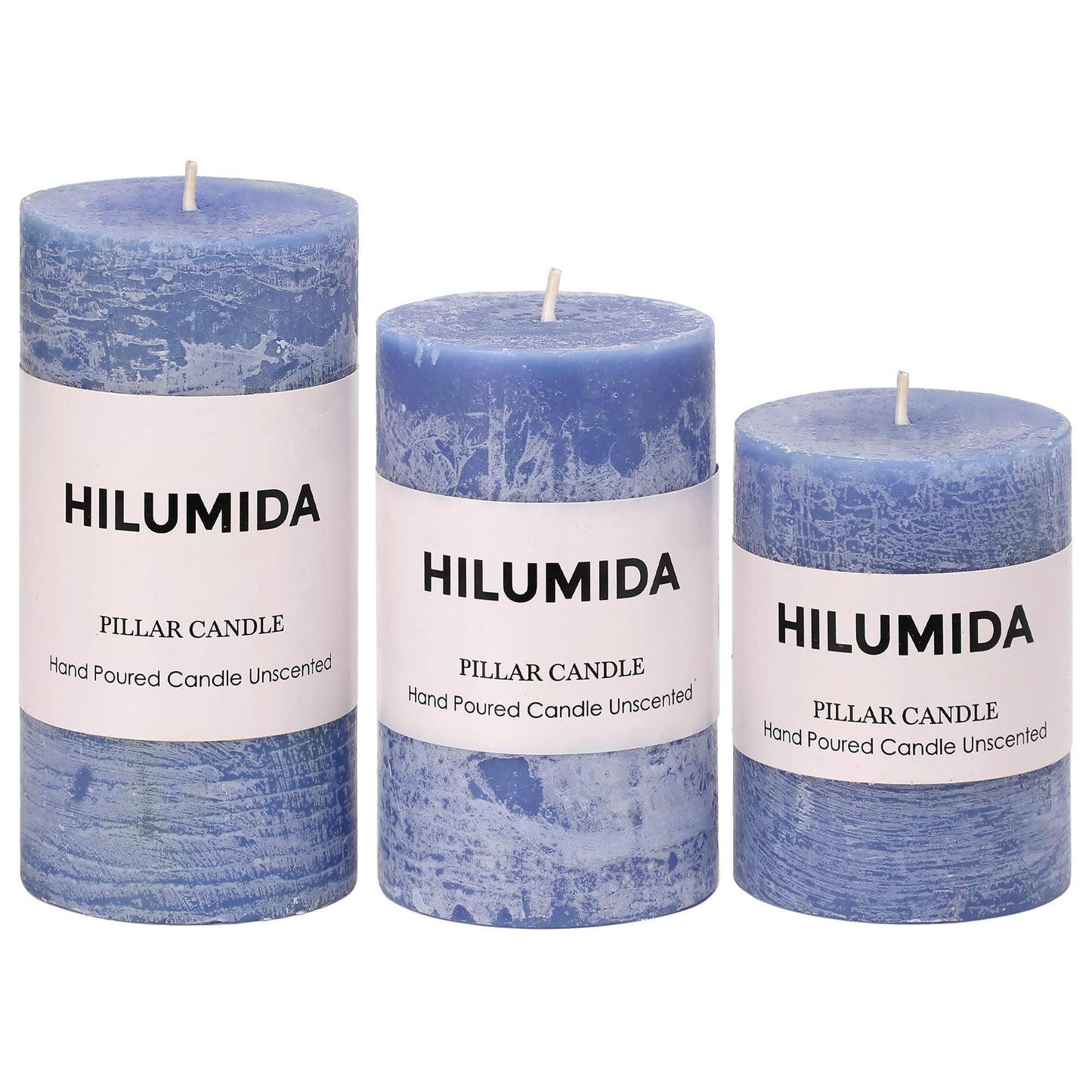 Blue Pillar Candles Set of 3 - Hand-Poured Unscented Candles,Smokeless Dripless Candles for Dinner Table and Home, Set of 3 in Different Sizes (3"x4", 3"x5", 3"x6")