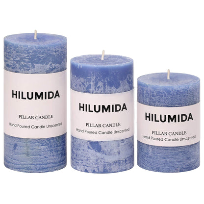 Blue Pillar Candles Set of 3 - Hand-Poured Unscented Candles,Smokeless Dripless Candles for Dinner Table and Home, Set of 3 in Different Sizes (3"x4", 3"x5", 3"x6")