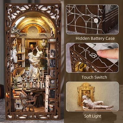 DIY Book Nook Library Kit Miniature Dollhouse Booknook Kit 3D Wooden Puzzle Bookend Bookshelf with LED Light for Teens and Adults (Bernini's Sculpture Workshop)