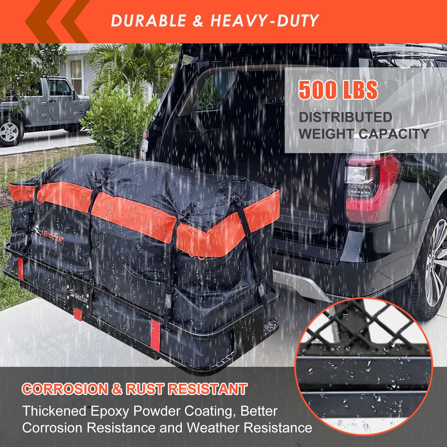 Hitch Mount Cargo Carrier Basket 60"*25"*6"+Waterproof Bag 25 Cubic Feet(60"*24"*31"),and Cargo Net with Attachment Hooks,Ratchet Straps,Hitch Stabilizer.500 Lbs Capacity,Foldable,fit 2" Receiver