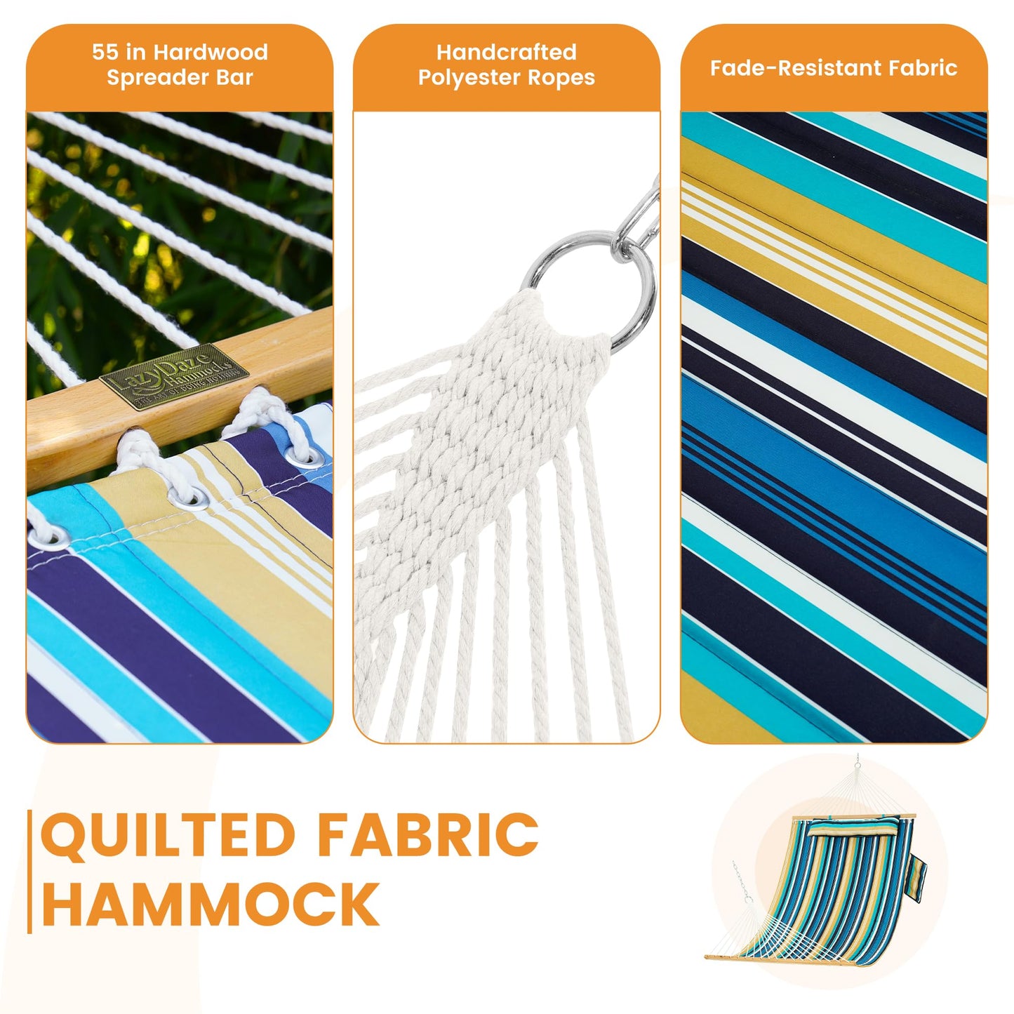 Lazy Daze Hammocks 10.5FT 2 Person Double Quilted Fabric Hammock with Spreader Bar, Detachable Pillow, Side Pocket, Carabiners, Chains, Straps for Outdoor, 450lbs Capacity, Beach Stripes