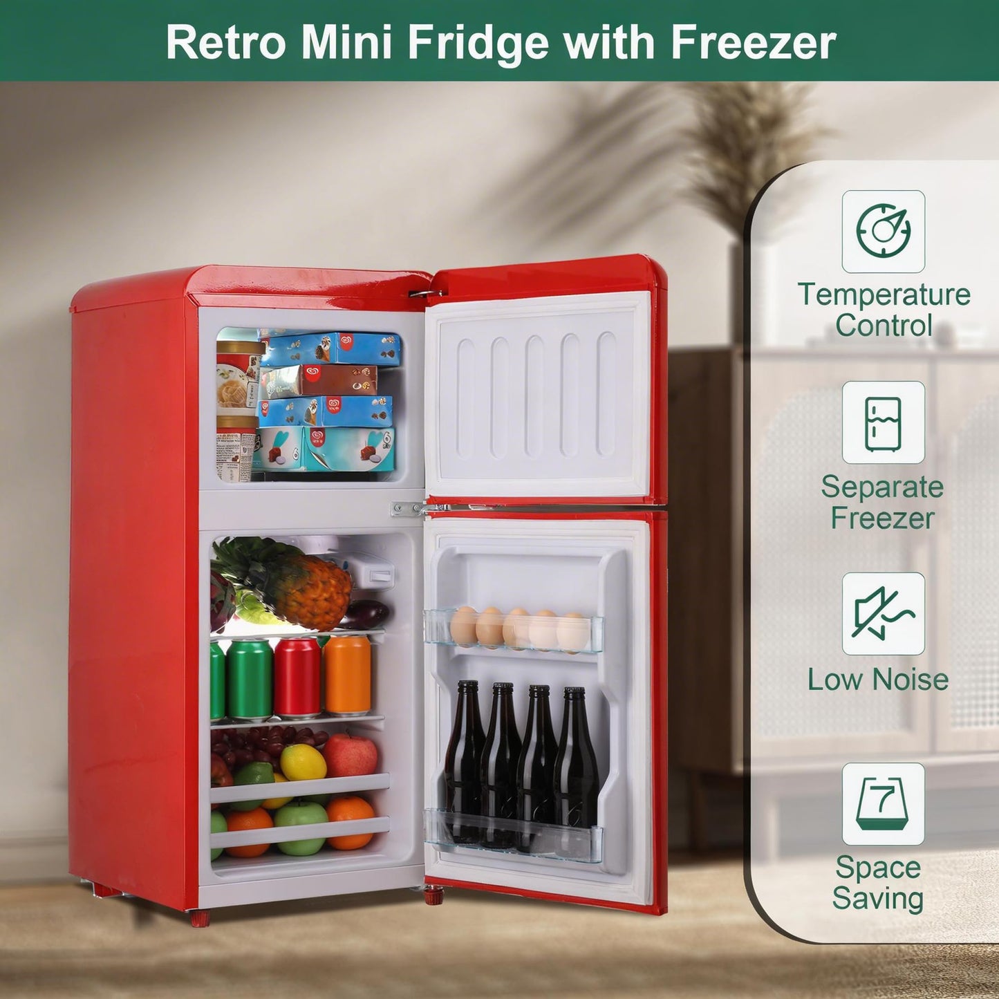 rosmena Retro Fridge with Freezer, 3.5 Cu. Ft. Mini Fridge, Small Refrigerator with 7-Level Adjustable Thermostat, Retro Compact Refrigerator 2-Door Fridges for Apartment/Dorm/Office/RV, Red