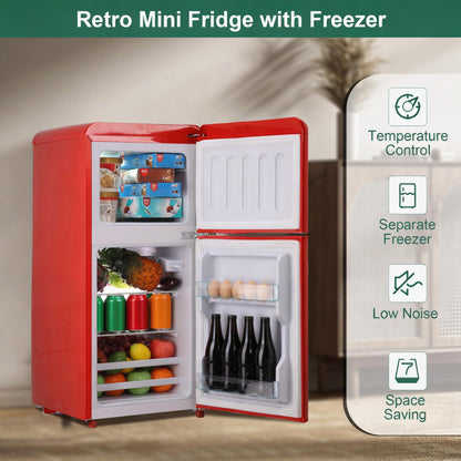 rosmena Retro Fridge with Freezer, 3.5 Cu. Ft. Mini Fridge, Small Refrigerator with 7-Level Adjustable Thermostat, Retro Compact Refrigerator 2-Door Fridges for Apartment/Dorm/Office/RV, Red