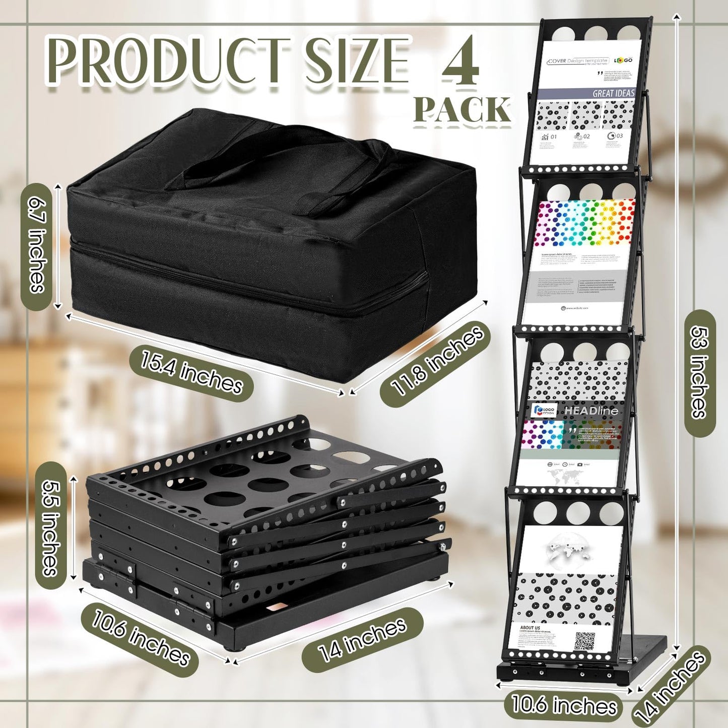 Tatuo 4 Pieces Foldable Magazine Rack Metal Catalog Literature Rack Portable 4 Pockets with Carrying Bag Brochure Stand Literature Display Holder Stand for Exhibition Trade Show