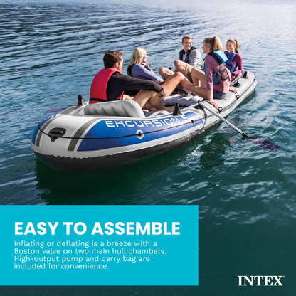 Intex Excursion 5 Person Inflatable Boat, Water Fishing River Raft Set w/ Oars - Large 1,300 Lb Capacity Portable Blow-Up 5 Seater Raft for Adults