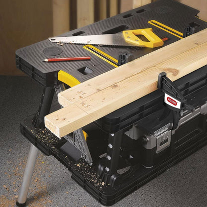 Keter Heavy-Duty Folding Workbench with 1,000 Pound Capacity - Foldable Work Table for Garage, Woodworking, and Outdoor Workshop with 12 Inch Adjustable Clamps