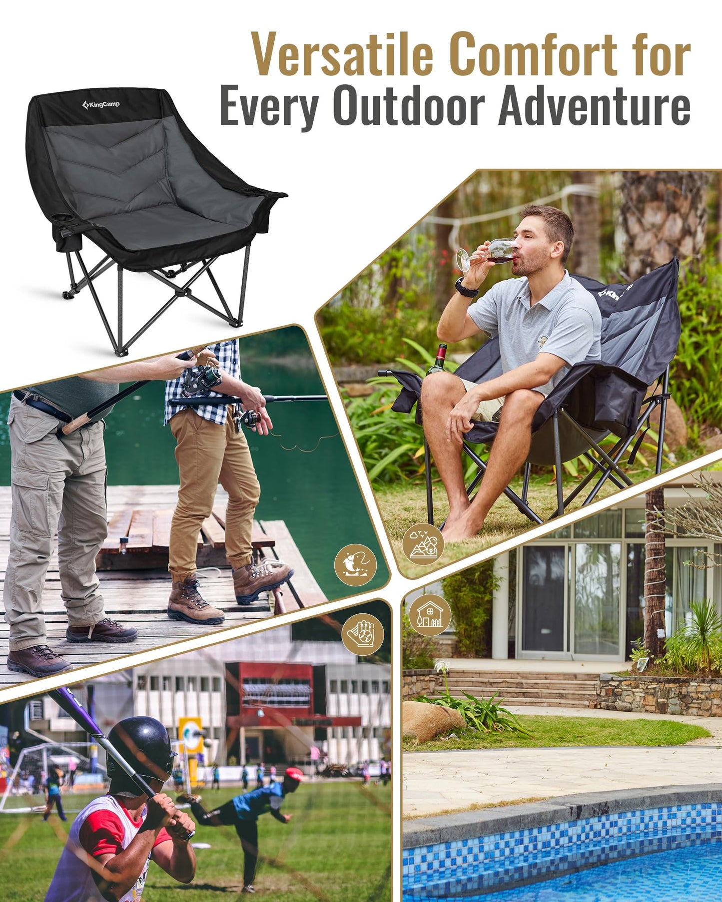 KingCamp Oversized XL Camping Chair, Heavy Duty 500lbs Folding Couch for Adults, Padded Large Comfortable Sofa Seat with Cooler Bag Cup Holder for Outdoor Sports Fishing Patio Lawn, Black/Grey