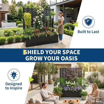 Privacy Planters for Patio, Metal Raised Garden Bed with Trellis and Privacy Screen, 46" x 45" x 15" Planter Box with Drainage Holes for Climbing Plants, Vegetables, Vines, Outdoor Backyard Black