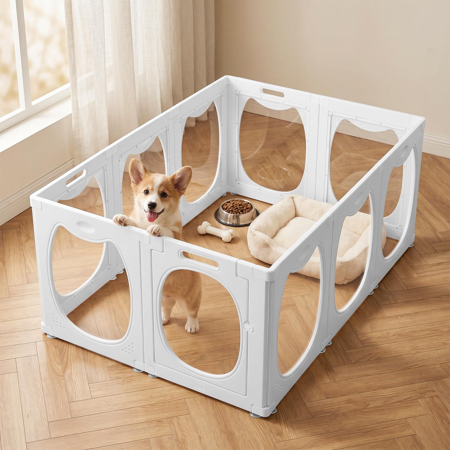 Homgava Clear PET Dog Playpen Indoor, 10-Panel Heavy-Duty Transparent Puppy Playpen, Modular Pet Fence Enclosure for Small Medium Dogs, Easy to Assemble (White,24 Inch H, 10 Panels)