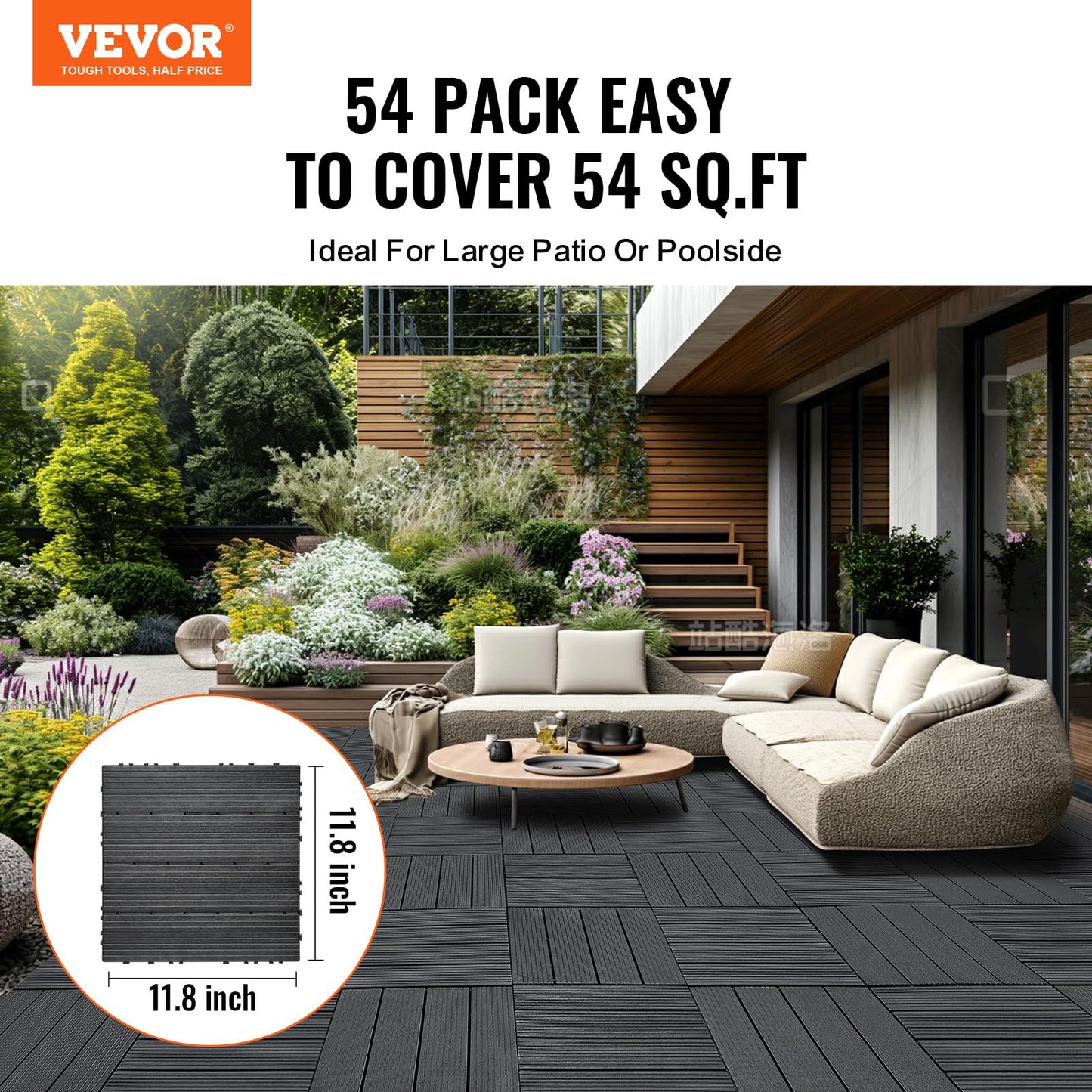 VEVOR 54 sq. ft Plastic Interlocking Deck Tiles, 54 Pack,12"x12" Waterproof Non-Slip Outdoor Flooring All Weather Use, Patio Floor Decking Tiles for Porch Poolside Balcony Backyard, Dark Grey