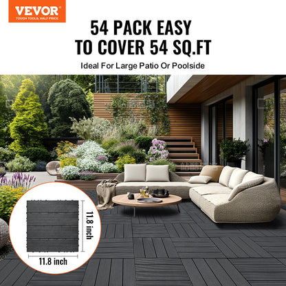 VEVOR 54 sq. ft Plastic Interlocking Deck Tiles, 54 Pack,12"x12" Waterproof Non-Slip Outdoor Flooring All Weather Use, Patio Floor Decking Tiles for Porch Poolside Balcony Backyard, Dark Grey