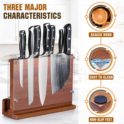 ENOKING Magnetic Knife Block with Acrylic Shield 12 x 9 Inches, Double Side Kitchen Knife Holder without Knives- Acacia Wood Universal Knife Storage Organizer with Powerful Magnet for Kitchen Counter