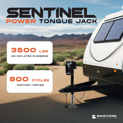 Bastion Distribution Black Sentinel Electric Trailer Jack with Cover – 3500 lb A-Frame Tongue Jack – Weatherproof Switches, LED Light, Manual Crank, 90 Degree Mount – No Stall, No Wobble, Easy Install