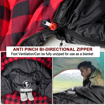 FORINBUY 0 Degree Flannel Double Sleeping Bag for Adults, Couples or Family - Winter Queen Size Waterproof & Warm 2-Person Sleeping Bag for Cold Weather Camping, RV Travel