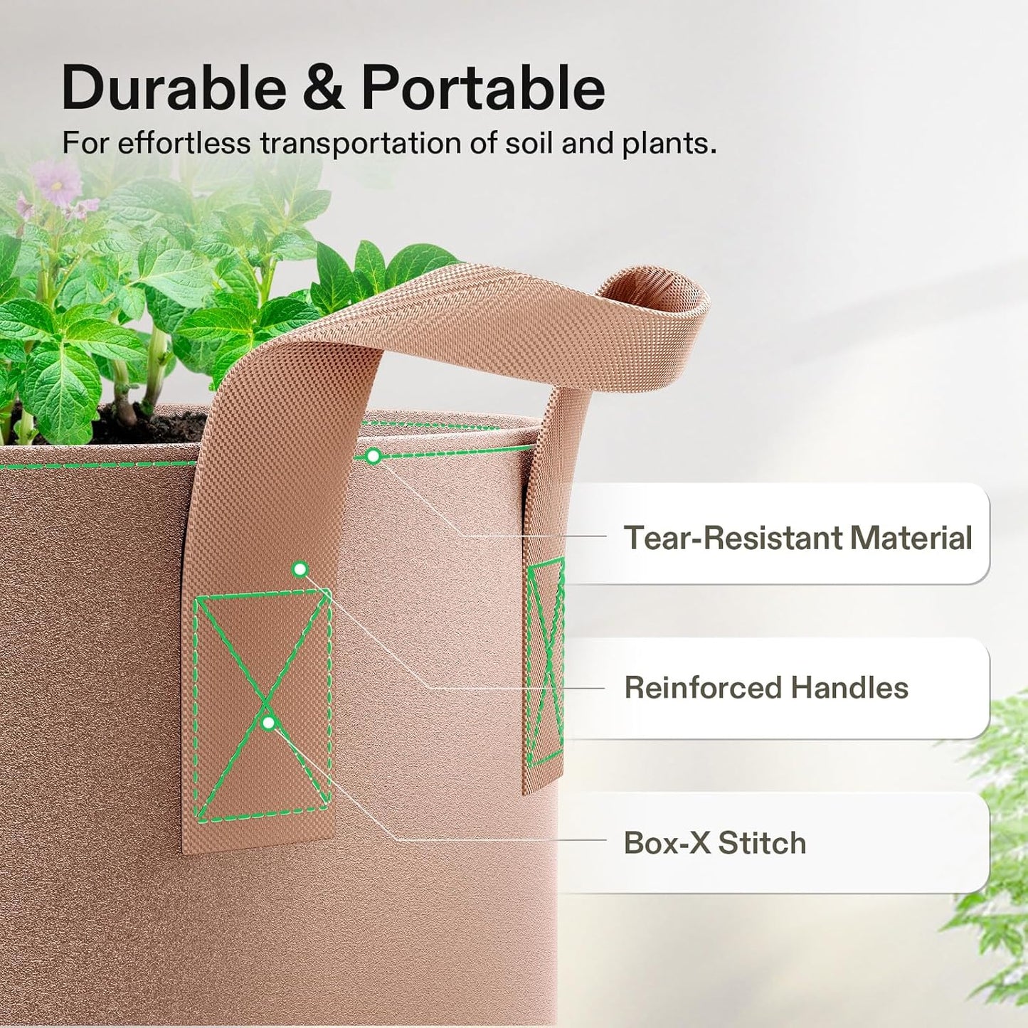 VIVOSUN 20 Gallon Heavy Duty Grow Bags - 5-Pack Thickened Nonwoven Fabric Pots with Strap Handles | Tan